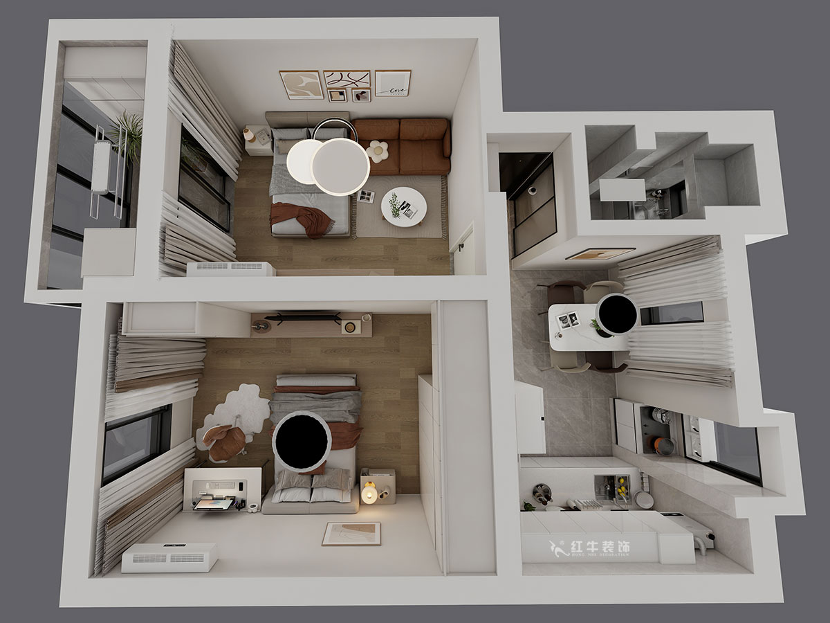 蒋琛｜瑞金路4号11-202-60㎡-简约奶油风｜2室1厅1卫｜二手房装修｜定制家｜全包9万｜00_04鸟瞰图